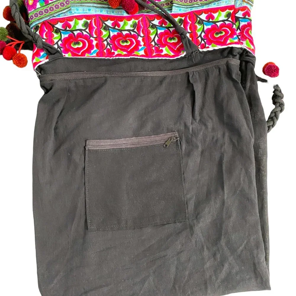 Boho Embroidery Multi-Color Flowers Weekender Hobo Tote Pom-Poms Inside Zip #02 - Picture 10 of 15